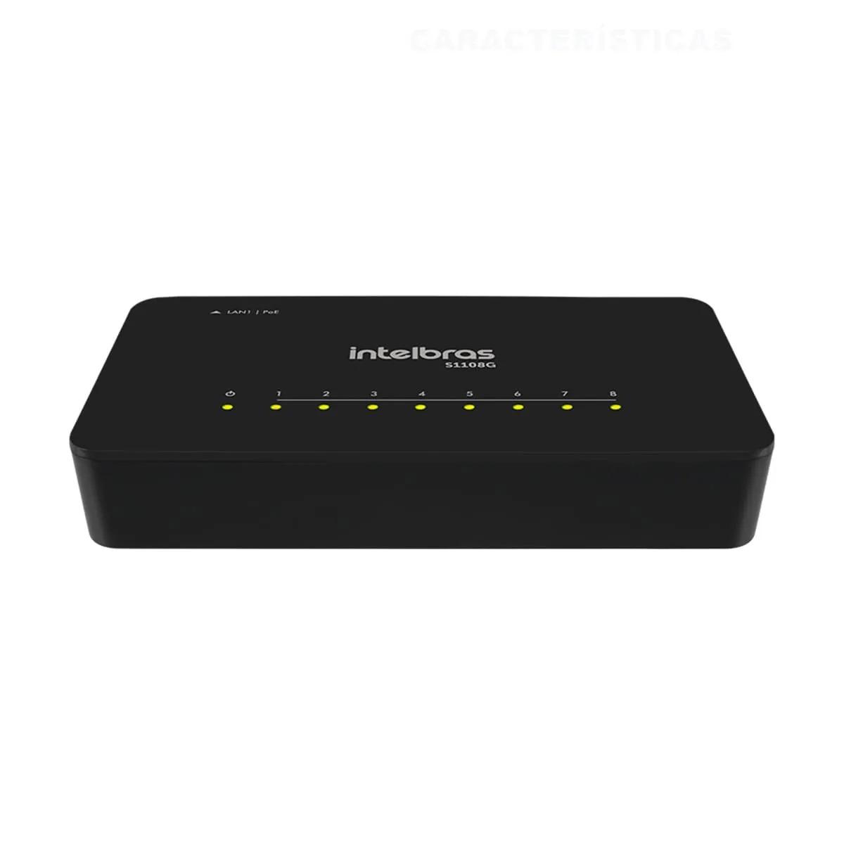 Switch Intelbras S1108G preto de 8 portas em vista frontal angulada, com LEDs de status acesos