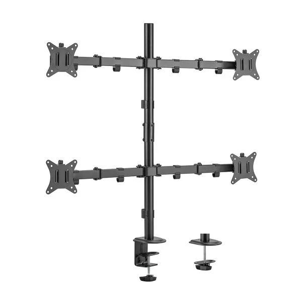 Suporte vertical SMQ440C com quatro monitores montados em coluna dupla, fixado na borda da mesa