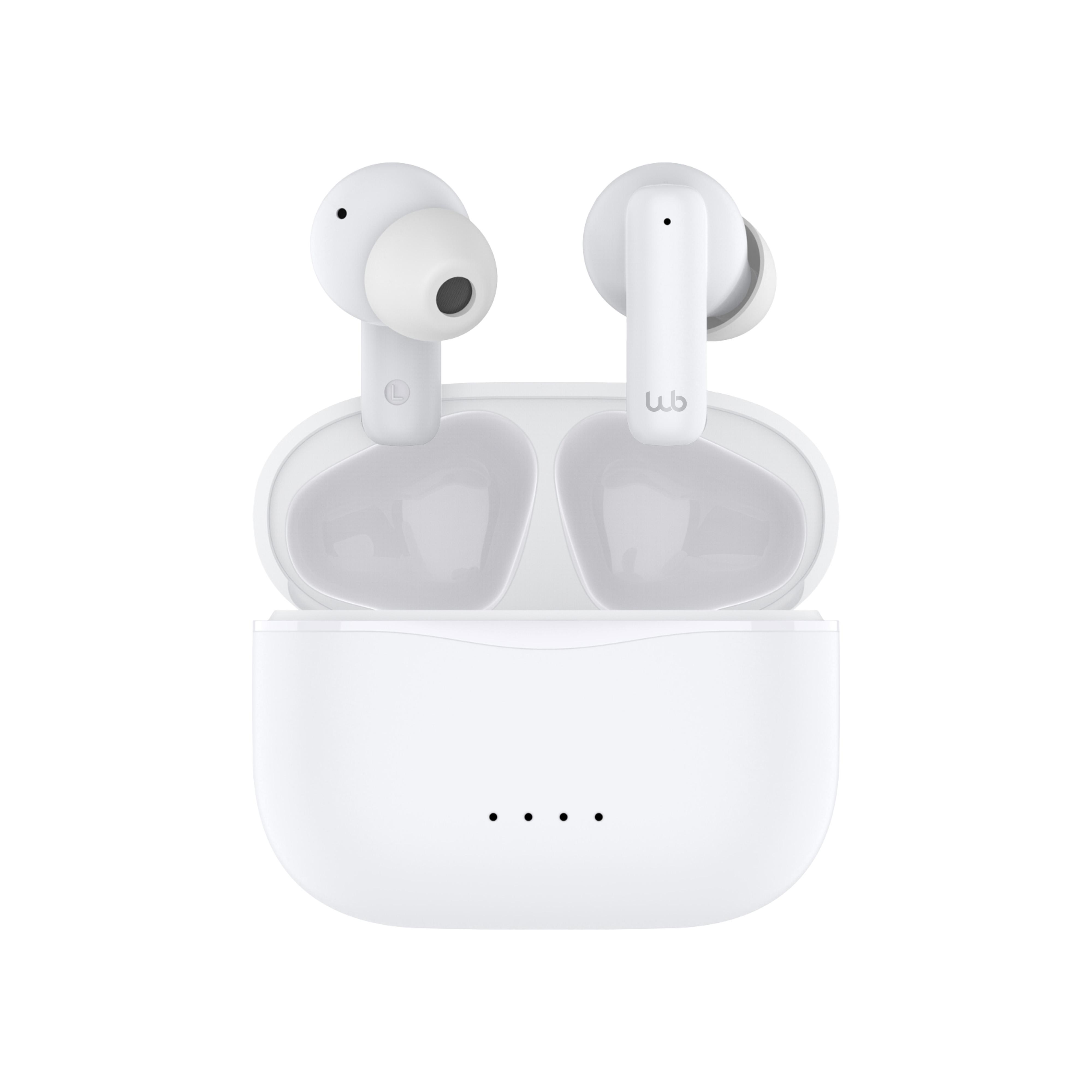 Fone de ouvido Bluetooth TWS Geonav Stylebeats branco apoiado no estojo de carregamento aberto