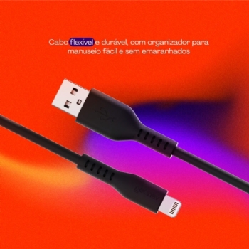CABO GEONAV USB-A PARA LIGHTNING, EM SILICONE, NA COR PRETA, 1,5 METROS, ESLISBK