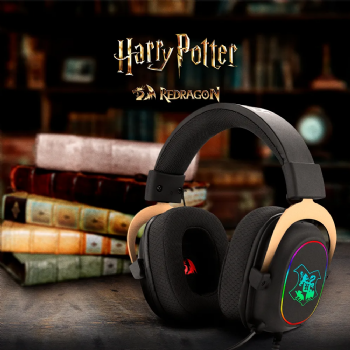 HEADSET GAMER REDRAGON HARRY POTTER ZEUS HOGWARTS RGB,PRETO/DOURADO 7.1 VIRTUAL,KIT DE CUSTOMIZACAO