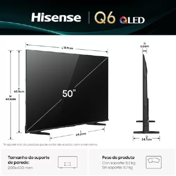 SMART TV 50" 4K QLED HISENSE 50Q6QV, DOLBY ATMOS, DOLBY VISION, HDR10+, WI-FI - PRETO