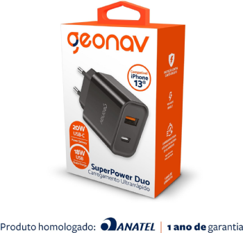 CARREGADOR DE PAREDE UNIVERSAL SUPER POWER DUO 20W CARREGADOR ULTRA RAPIDO PRETO - GEONAV