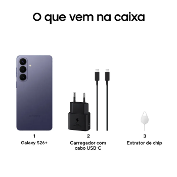 SMARTPHONE SAMSUNG GALAXY S26+ 5G PRETO 512GB 12GB RAM CÂMERA TRIPLA DE 50+12+10MP TELA 6.7"