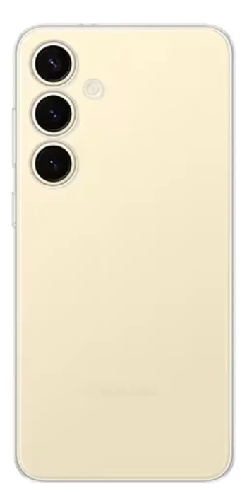 Capa transparente instalada em Samsung Galaxy S24 dourado mostrando as três câmeras
