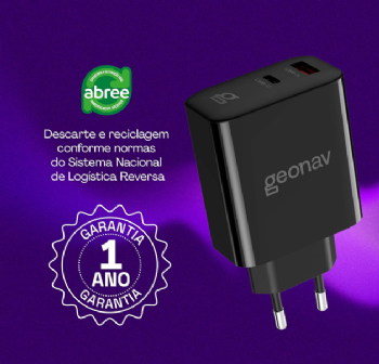 Carregador Geonav preto com selo de garantia de 1 ano e certificação Anatel