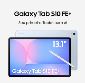 Galaxy Tab S10 FE Plus prata visto de frente e de costas com S Pen apoiada