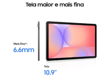 Galaxy Tab S10 Lite visto de frente e de perfil mostrando espessura fina e tela colorida