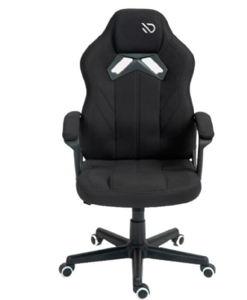 Cadeira gamer Duex Spectrum DX9025BK preta em vista frontal, com encosto alto, apoio de cabeça e costuras em cinza
