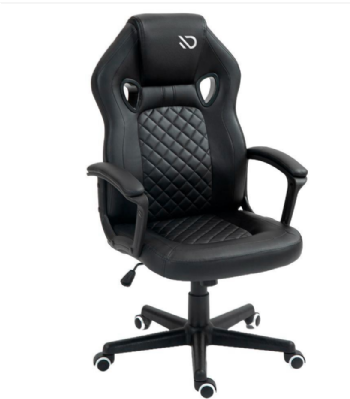 Cadeira gamer Duex Vortex DX9026BK preta em vista frontal, com estofado matelassê em losangos e apoios de braço