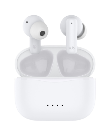 Fone de ouvido Bluetooth TWS Geonav Stylebeats branco apoiado no estojo de carregamento aberto