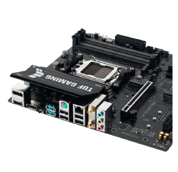 Placa-mãe Asus TUF Gaming A620M-Plus WiFi vista de cima, com soquete AM5, slots de memória DDR5 e dissipadores