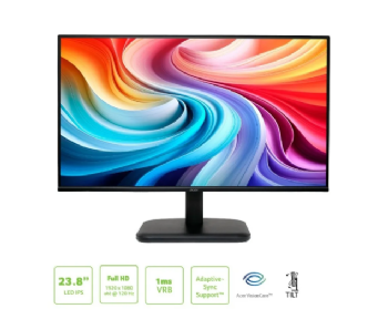 Monitor gamer Acer EK241Y visto de frente, com os ícones das principais tecnologias do monitor abaixo da tela