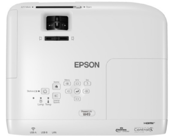 Projetor Epson PowerLite W49 visto de cima, com o painel de botões de controle e a marca Epson na tampa