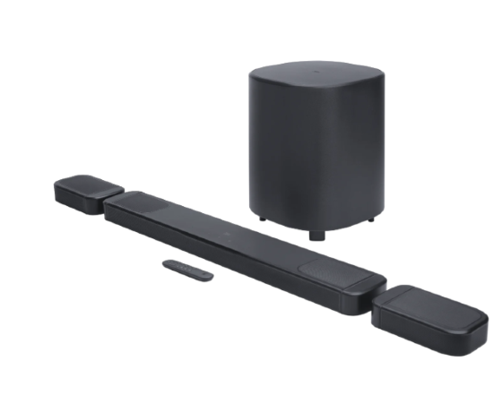 Soundbar JBL Bar 1000MK2 preta com subwoofer sem fio e as duas caixas destacáveis, em vista frontal angulada
