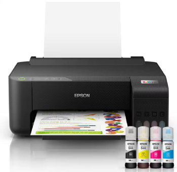 Impressora Epson EcoTank L1250 preta em vista frontal, com tanques de tinta coloridos e folha impressa