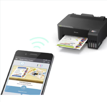 Impressora Epson EcoTank L1250 imprimindo por Wi-Fi a partir de um celular, com ícones de conexão sem fio