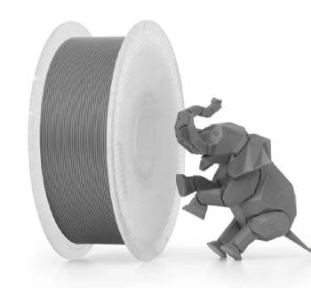 Carretel de filamento PLA Basic Bambu Lab cinza para impressora 3D, ao lado de um elefante impresso em 3D