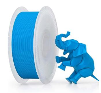 Carretel de filamento PLA Basic Bambu Lab ciano para impressora 3D, ao lado de um elefante impresso em 3D