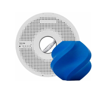 Carretel de filamento PLA Lite Bambu Lab azul para impressora 3D, ao lado de uma peça geométrica impressa