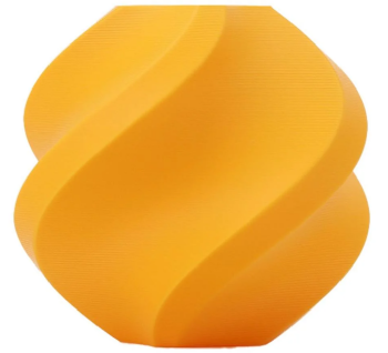 Peça em espiral impressa em 3D com filamento PLA Lite Bambu Lab laranja, mostrando o acabamento da cor