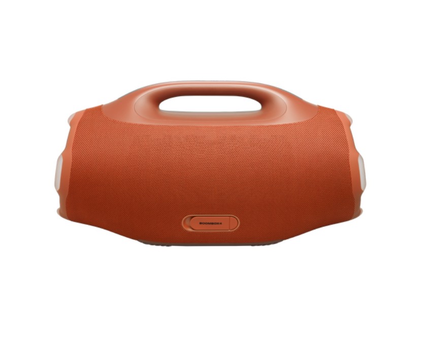 JBL Boombox 4 laranja em vista frontal alinhada com acabamento em tecido