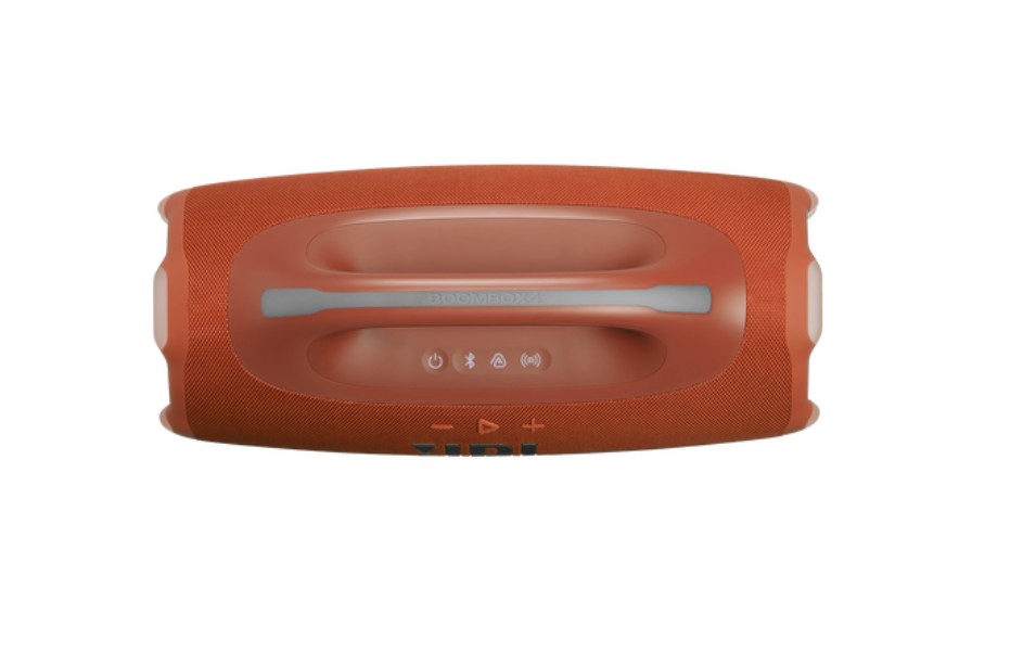 Painel superior da JBL Boombox 4 laranja com botões de controle e alça emborrachada
