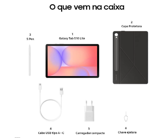 Itens que acompanham o Galaxy Tab S10 Lite incluindo S Pen carregador cabo e capa