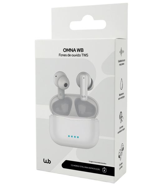 Embalagem do fone de ouvido TWS Geonav Stylebeats branco, com a foto do produto na caixa