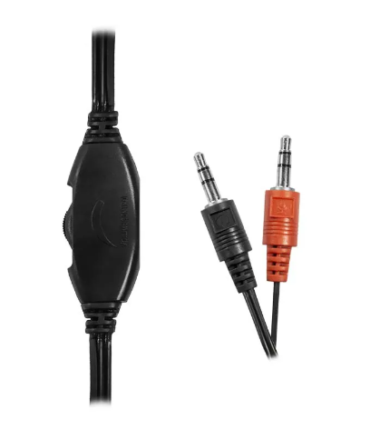 Detalhe do cabo do headset Multilaser PH002, com controle de volume e plugues P2 verde e vermelho