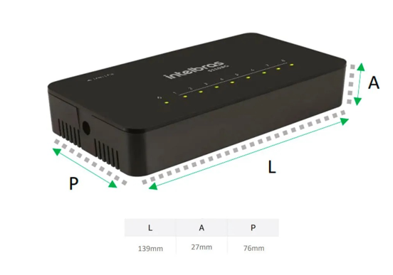 Desenho técnico do switch Intelbras S1108G com as medidas de altura, largura e profundidade indicadas