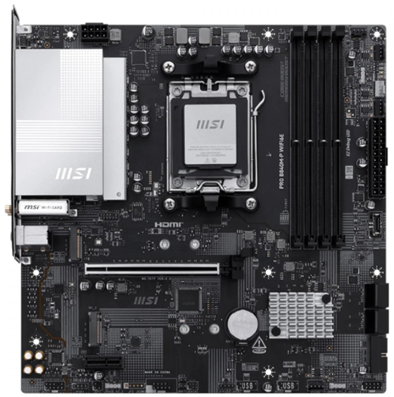 Placa-mãe MSI Pro B840M-P WiFi6E vista de cima, com soquete AM5, slots de memória DDR5 e dissipadores