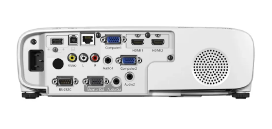 Painel traseiro de conexões do projetor Epson PowerLite W49, com entradas HDMI, USB, rede RJ45 e áudio