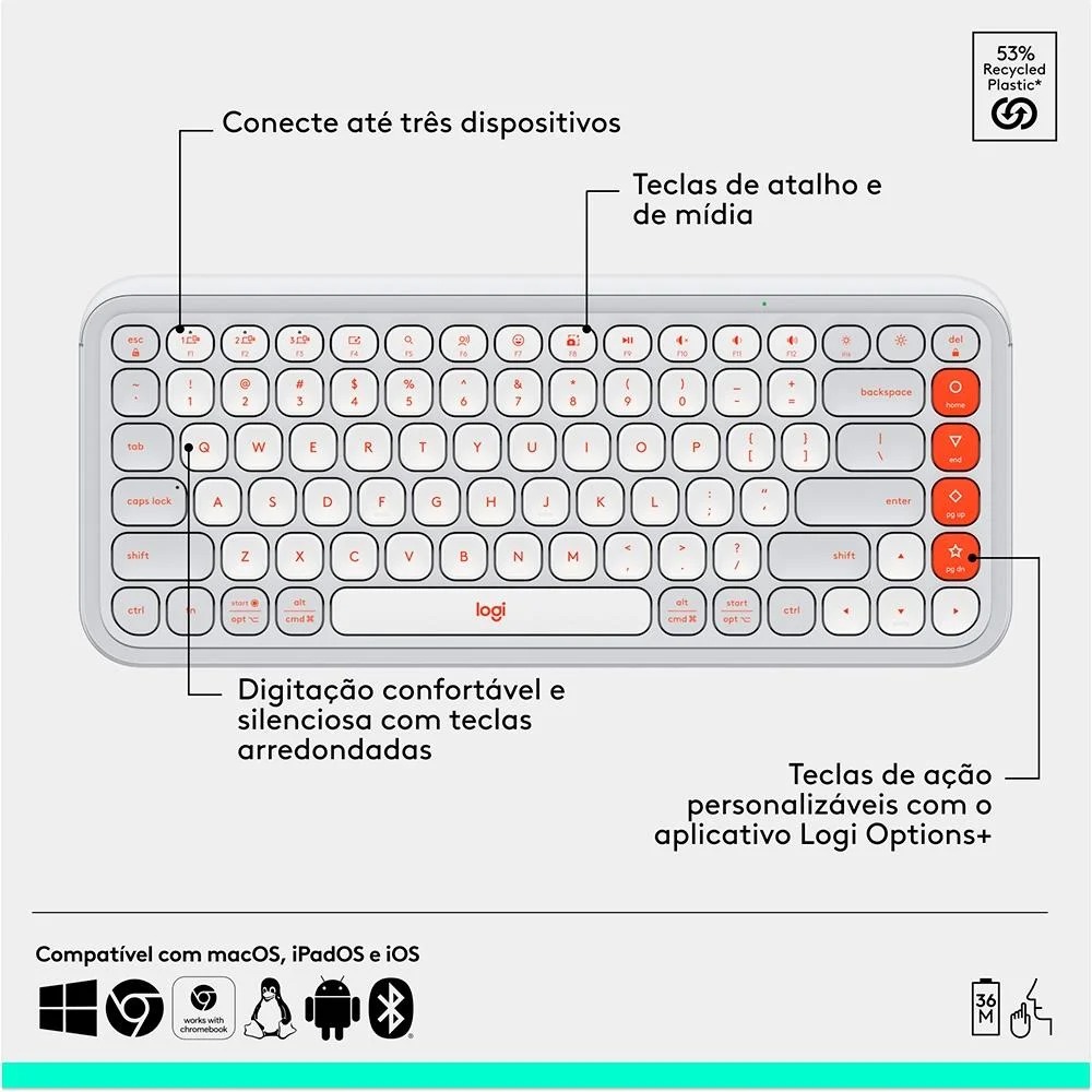 TECLADO E MOUSE SEM FIO LOGITECH POP ICON SILENCIOSO, TECLAS ...